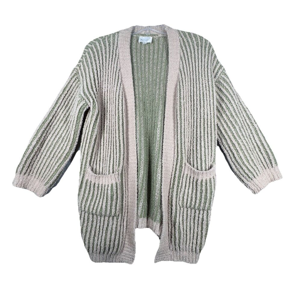 Line and Dot Sweater Womens Medium Taupe Olive Stripe Open Kimberly Cardigan